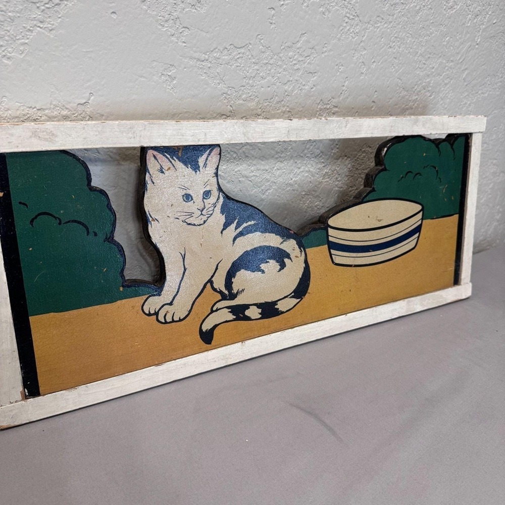 Vintage Hand-Cut Wooden Cat Kitten Nursery Panel Folk Art Double-Sided